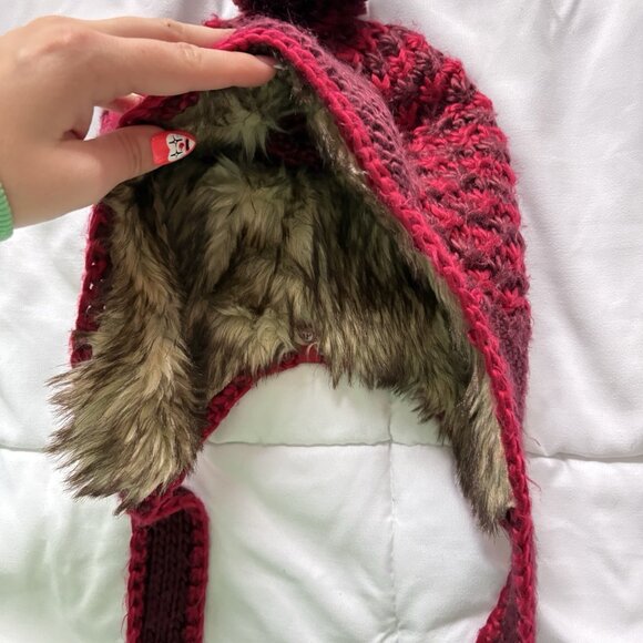 Pistil Aster Basket Weave Knit Earflap Pompom Red Festival Winter Fall Cap Hat - Picture 4 of 7